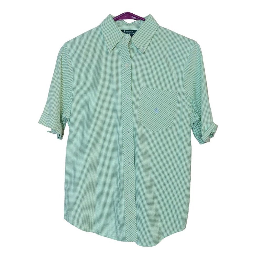 Lauren Ralph Lauren White & Green Checkered Button-up Short Sleeve Shirt Size S